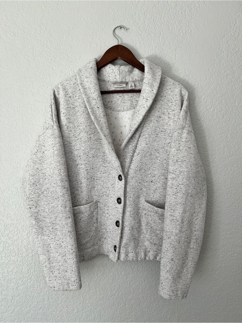 L. L. Bean Light Gray Speckled Shawl Collar Button Cardigan